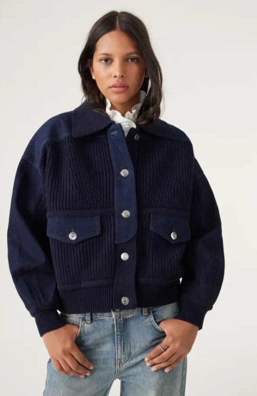 Ba&sh Luis Long Sleeve Jacket Navy Blue Denim Knit Oversized Women's 1/US 4